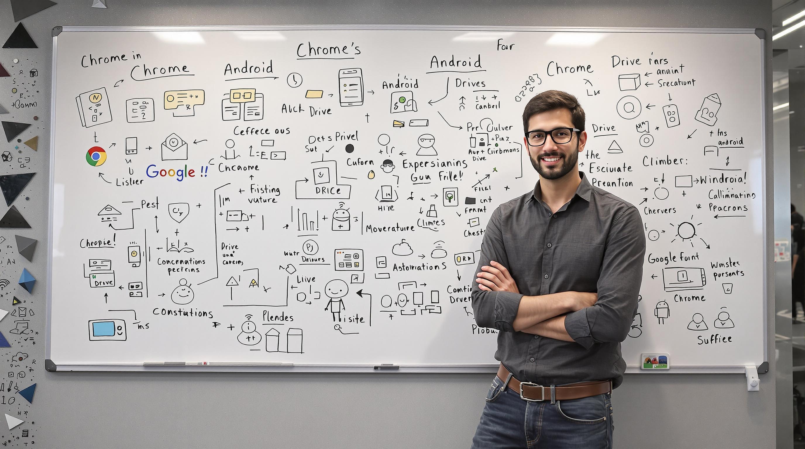 Sundar Pichai brainstorming sur Chrome, Android et Drive, fond start-up et mur d’escalade