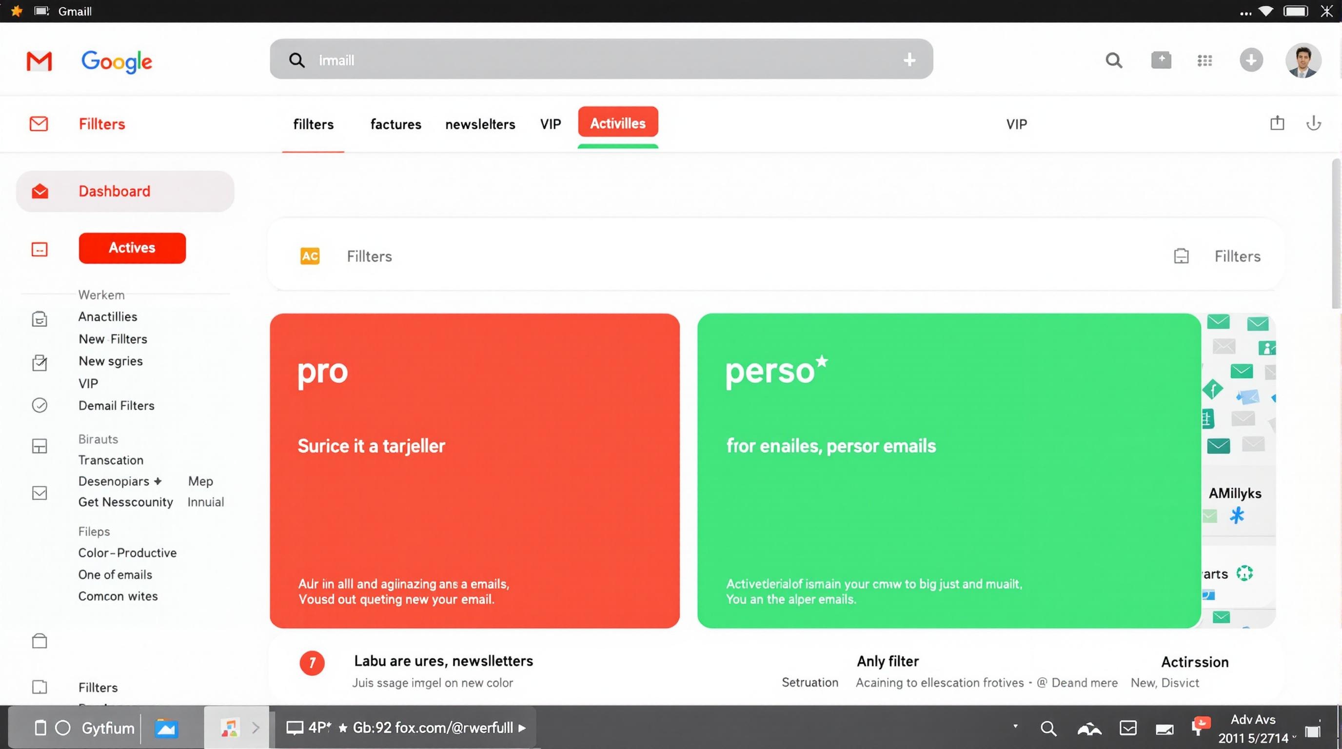 Tableau de bord Gmail affichant des labels rouges pour pro, verts pour perso, avec trois filtres actifs : factures, newsletters, VIP.