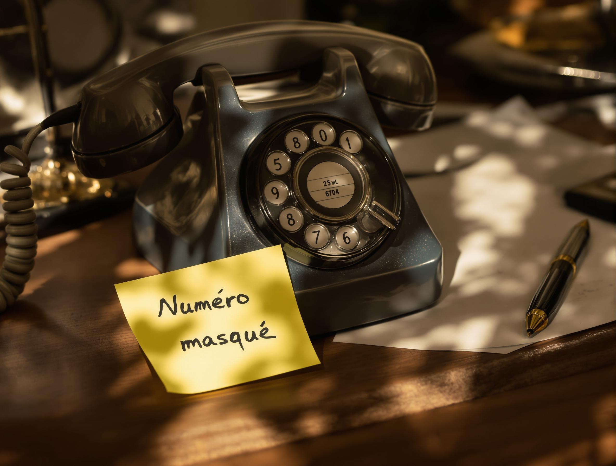 Téléphone fixe vintage avec un post-it indiquant Numéro masqué