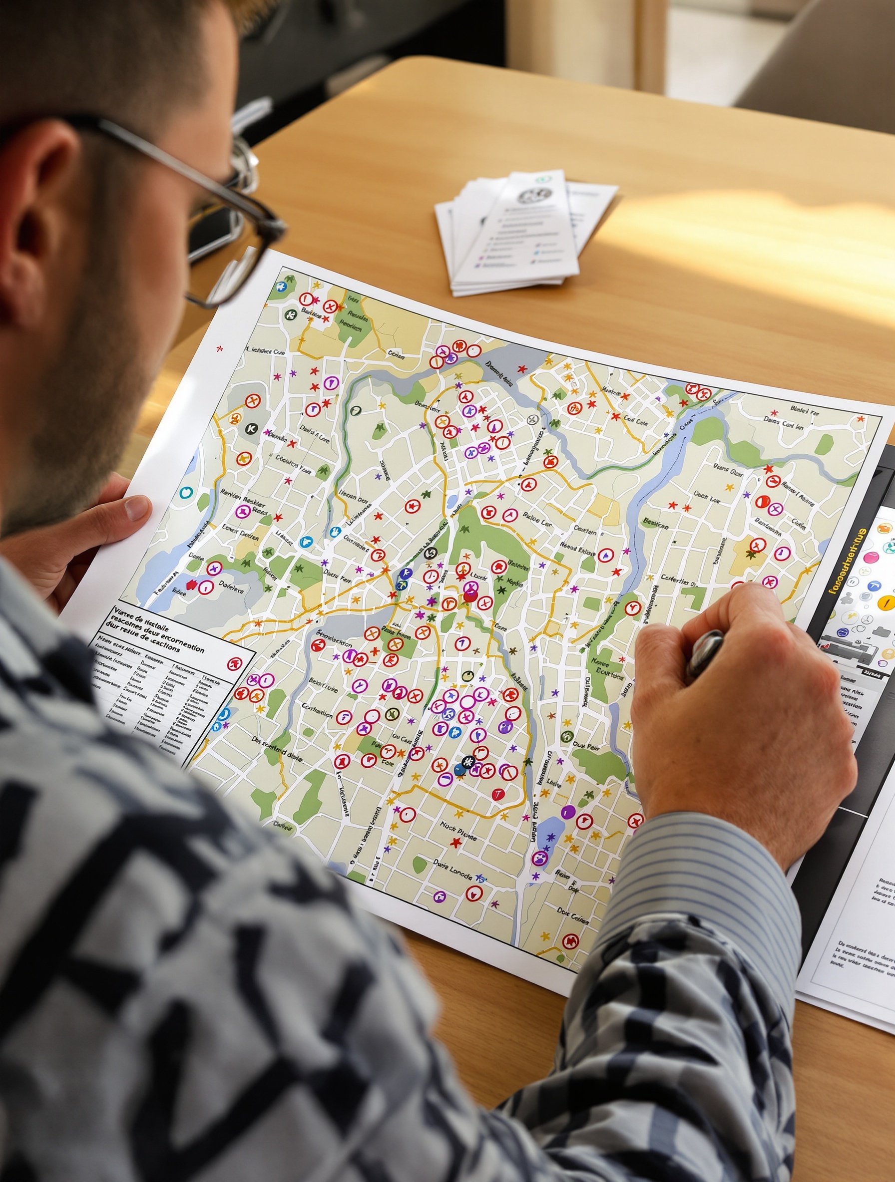 Vendeur consultant une carte détaillée secteur annotations préparation prospection