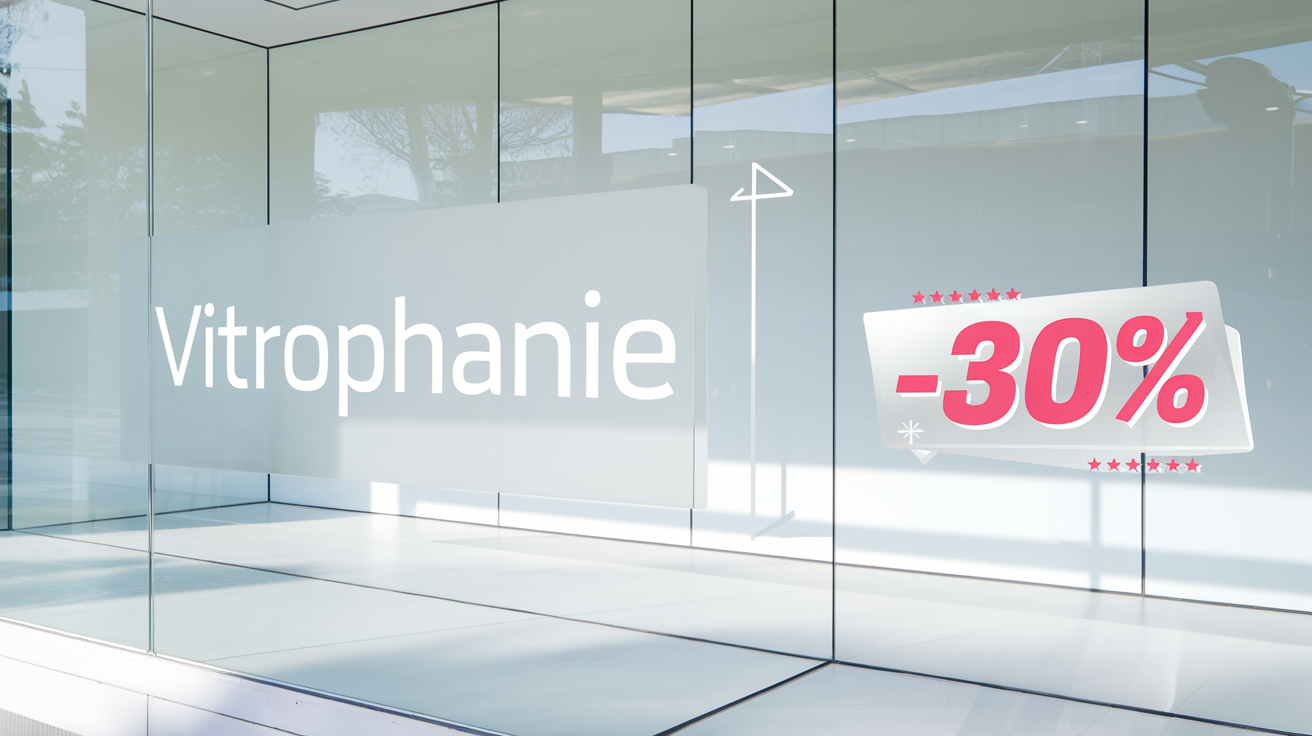 Vitrine moderne avec logo en vitrophanie blanche et sticker promo -30%